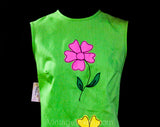 Size 8 1960s Summer Dress - Lime Green Cotton Sleeveless Sheath with Pink & Yellow Daisy Flower Appliques - Bright and Sunny - Bust 36
