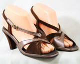 Size 7 Deco Style 70s Sandals - Metallic Brown & Cocoa Suede 1970s Shoes - Deadstock - Peep Toe - Slingback - Hush Puppies - 7N - 43220-6