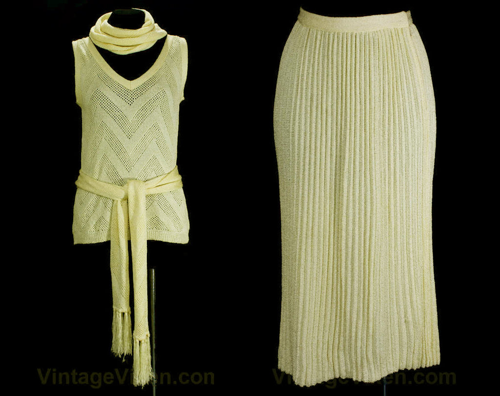 Size 4 Flapper Knit Dress - 1920s Style Yellow Four Pc Set - Small 70s Vintage Vixen Clothing Size 4 Flapper Knit Dress - 1920s Style Yellow Four Pc Set - Small 70s Vintage Vixen Clothing