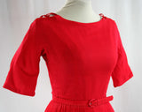 Size 4 Red Dress - 1950s Vixen Cocktail Dress - Fitted Bodice - Velvet Lace Up - Laced Shoulder - Chiffon Full Skirt - Original Belt - 42968
