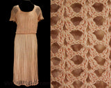 Size 6 Authentic 1930s Dress - Pink Cotton Crochet Lace Short Sleeved 30s Blouson - Quaint Hand Crocheted Square Neck Frock - Waist 25 to 26