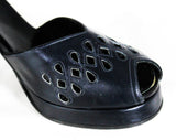 Size 5 1940s Peep Toe Shoes - Open Toe Navy Blue Leather Heels with Ribbon Candy Eyelet Cutwork - 40's Pin Up Pumps - 40s NOS Deadstock