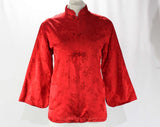 Medium 1940s Asian Jacket - Scarlet Red Silk Satin - 40s Far East Chic with Mandarin Collar - 3/4 Wide Sleeve - House of Ming - Bust 41