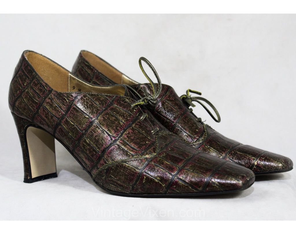 Size 9 Antique Style Shoes - Faux Alligator Leather Heels - Olive Gree Vintage Vixen Clothing Size 9 Antique Style Shoes - Faux Alligator Leather Heels - Olive Gree Vintage Vixen Clothing