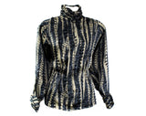 Size 10 Gray Silky Blouse - 1980s Indigo Blue Satin Long Sleeve Shirt - Lightweight Fluid Blousy 80s Office Wear - Feather Style Print