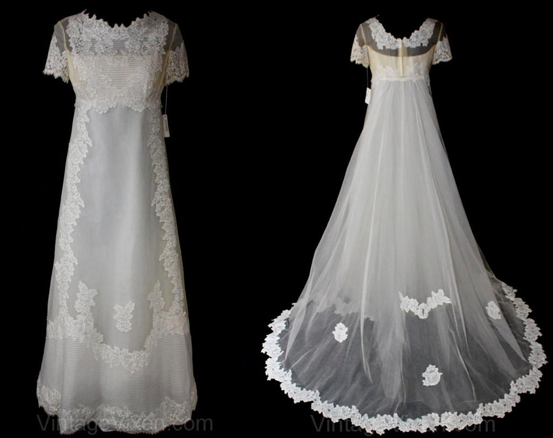 Size 8 Wedding Gown - Antique Style 1960s Net Bridal Gown with Lace & Vintage Vixen Clothing Size 8 Wedding Gown - Antique Style 1960s Net Bridal Gown with Lace & Vintage Vixen Clothing