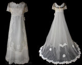 Size 8 Wedding Gown - Antique Style 1960s Net Bridal Gown with Lace & Tucks Motif - Wedding Dress - Short Sleeves - Bust 35 - 36361-1