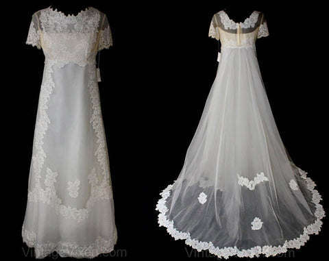 Size 8 Wedding Gown - Antique Style 1960s Net Bridal Gown with Lace & Tucks Motif - Wedding Dress - Short Sleeves - Bust 35 - 36361-1