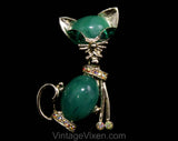 1960s Cool Cat Brooch - Emerald Green & Gold with Rhinestones - 50s 60s Cateye Mid Century Novelty Animal Pin - Sassy Little Pussycat