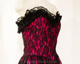 Size 2 Strapless Cocktail Dress - Gunne Sax Magenta Pink Satin & Black Lace Saloon Girl Style Gown - XS Boned Bodice Full Skirt - Bust 31.5