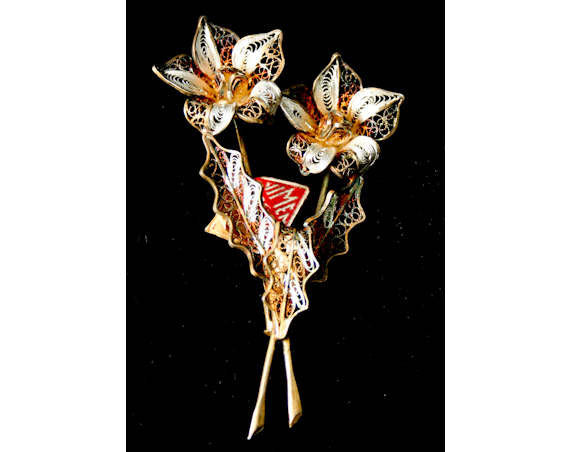 Italian Gold & Silver Filigree Lilies Pin - Pretty Italian 1950s Brooch - Firenze - Flowers - Made in Italy - 40s 50s Deadstock - 40128