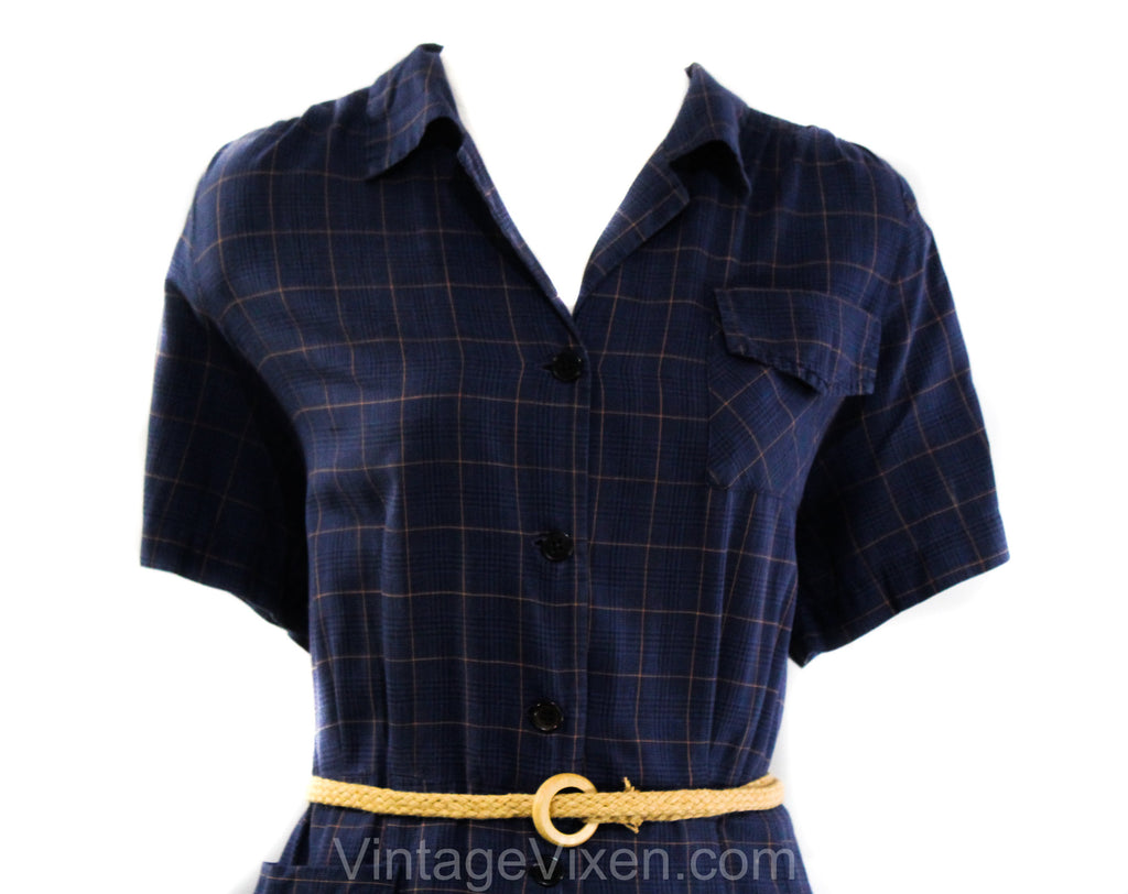 Size 14 1960s House Dress - Large 60s Navy Blue Plaid Cotton Shift & W Vintage Vixen Clothing Size 14 1960s House Dress - Large 60s Navy Blue Plaid Cotton Shift & W Vintage Vixen Clothing