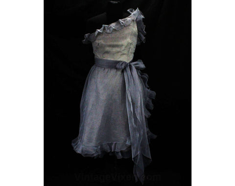 Size 8 Silver Cocktail Dress with Bare Shoulder - One Shoulder Party Dress - 1960s Glamour Look - Sterling Gray Shimmer Organza - Bust 36.5