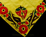 1960s Hand Painted Paisley Silk Scarf - Hippie 60s Medallion - Mustard Yellow - Red Orange - Brown - Emerald Green - Hand Rolled Hem - 49759
