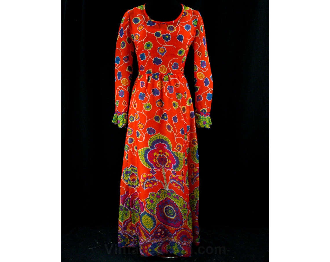 Size 10 1960s Orange Maxi Dress - 60s Opium Den Style Print - Flower P Vintage Vixen Clothing Size 10 1960s Orange Maxi Dress - 60s Opium Den Style Print - Flower P Vintage Vixen Clothing