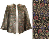 Size 8 Formal Jacket - 1940s 1950s Black Paisley Satin Brocade Short Evening Coat - Gold Pink Blue Green - Open Front - NRB Label - Bust 35