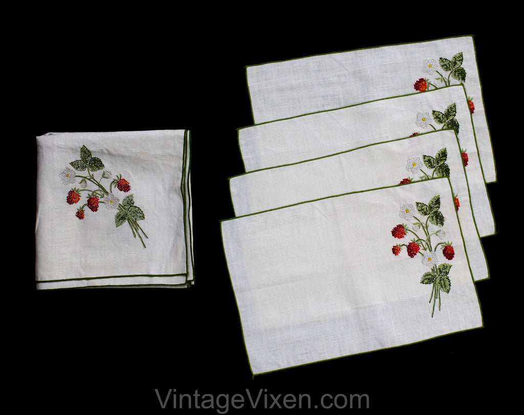 Strawberry Tablecloth & Place Mats Set of 4 - Natural Linen with Red Berries Sage Green Leaves Cross Stitch Style Embroidery - 1960s Summer