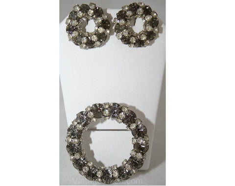 Beautiful Smoke Rhinestone Circle Pin & Earrings - Joseph Warner - Winter - Gray Glass 1950s Designer Brooch - Mid Century Chic - 28146-1