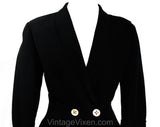 Size 14 1950s Black Suit Jacket - Large 40s 50s New Look Crepe Office Blazer with Gorgeous White Shell Buttons - Shawl Lapel - Waist 34