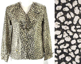 Size 10 Valentino Blouse - 1980s Metallic Gold Animal Print Long Sleeved Shirt - Lightweight 80s Designer Medium Ruffle Neck Top - Bust 41