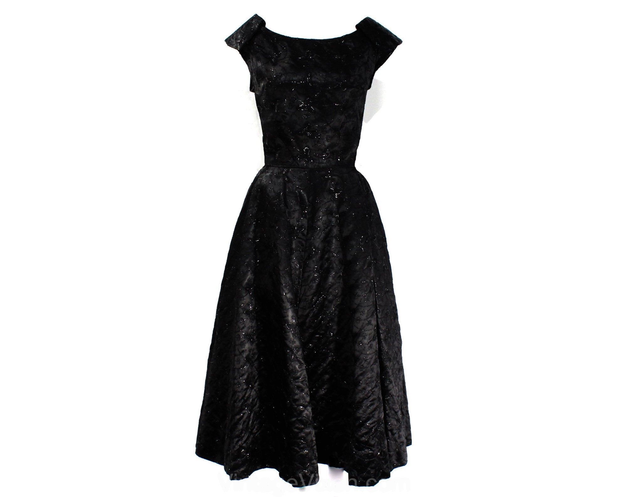 Size 4 Black Satin Cocktail Dress - 1950s Fit & Flare Sleeveless Frock Vintage Vixen Clothing Size 4 Black Satin Cocktail Dress - 1950s Fit & Flare Sleeveless Frock Vintage Vixen Clothing