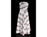 XS 1940s Deco Sun Dress - Size 2 Strapless Summer Full Skirted Frock - Geometric Striped Red, Navy Blue & Gray on White Cotton - Bust 31.5