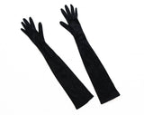 Long Black Gloves - Victorian Inspired Satin Stretch Knit Gloves - To The Elbow Opera Length 1950s - Deco Antique Glass Buttons At Wrist
