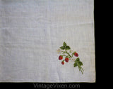 Strawberry Tablecloth & Place Mats Set of 4 - Natural Linen with Red Berries Sage Green Leaves Cross Stitch Style Embroidery - 1960s Summer