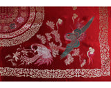 Chinese Silk Satin Wall Hanging - Vivid Scarlet Red & Pale Gold - Cranes Medallion Border Pattern Brocade From China - 57.5 x 81 Inches