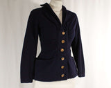 Size 6 1940s Suit - Navy Blue 40s Jacket & Skirt Set - Jacques Fath Look with Spiraling Metal Buttons - Pannier Pockets - Ruching - WWII Era
