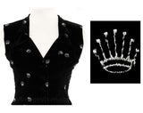 Size 4 Princess Dress - Small 1950s Two Piece Set - Novelty Crown Embroidery - 50s Black Velveteen & White Tiaras - Waist 25 - Vintage Vixen