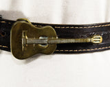 Men's Large Leather Belt with Brass Guitar Buckle - 1960s 70s Dark Brown Tooled Look - Western Cowboy Rock Star - Waist 38 to 40 - 50635