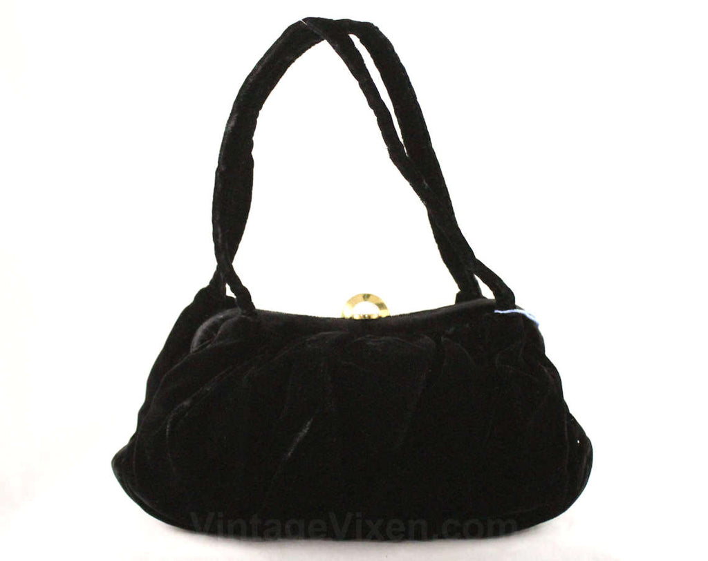 1940s Black Velvet Handbag - Formal Purse - 40's 50's Accessories - Winter Classic Bag Two Handles - 1950s Small Purse with Brass Deco Clasp