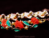 Coral Pink Roses 50s Necklace - Sweet Feminine Spring Summer 1950s 60s Molded Plastic Flowers Jewelry - Jade Green Leaves & Silver Metal
