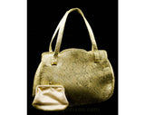 50s Evening Handbag - Gold Floral Metallic Brocade 1950s Marilyn Formal Bag - Scrollwork Leafy Motif - 2 Handles - Satin Lining & Coin Purse