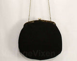 1950s Black Shoulder Bag - Round 50s Wool Handbag with Chainlink Strap - Pearlescent White Lucite Trim - Detachable Chain Strap - 48970