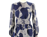 Size 6 Couture Quality Dress - Navy Blue & White Mod Floral 60s Silk Chiffon - 1960s Cocktail with Corset Lace-Up - Long Sleeve - Bust 33.5