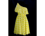 Size 4 Cocktail Mini Dress - Fabulous 1960s Yellow Polka Dot Silk Chiffon Party - One Bare Shoulder - Designer Fred Perlberg - Waist 25