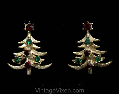 Cute 1950s Christmas Tree Earrings - Winter Red & Green Rhinestones Metal Clip Earring - Festive Holiday Jewelry - Gold Hue Metal - 50537