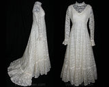 Size 10 Vintage Lace Wedding Gown with Edwardian Flair - Retro 60s Bridal Gown - NWT Deadstock - Three Foot Train - Bust 37 - 32769