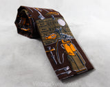 1960s Square End Tie - Golf Theme Mens 60s Novelty Print Necktie by Rooster Ties - Golfing Gear Clubs Balls Tees 18th Hole - Brown & Orange