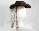 1940s Tilt Hat - Doll Hat - Seaside - Raffia - Pearls - Net - Brown - Rustic - Summer - NWT - Deadstock 41363