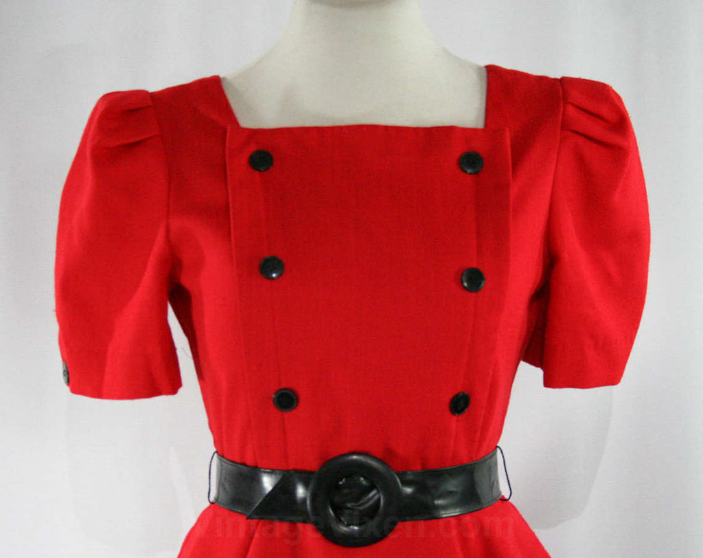 Size 6 Red Dress & Black Belt - 1940s Inspired 80s Design - Short Slee Vintage Vixen Clothing Size 6 Red Dress & Black Belt - 1940s Inspired 80s Design - Short Slee Vintage Vixen Clothing