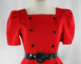 Size 6 Red Dress & Black Belt - 1940s Inspired 80s Design - Short Sleeved Square Neck 1980s Office Style - Peplum Buttons - Waist 25.5
