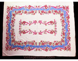 1940s Roses Tablecloth - Blue Pink White Feminine Cotton 40s 50s Table Cloth - Sweet Ribbon Garlands Flowers - Large Rectangle Border Print