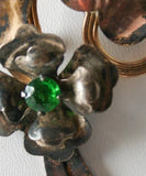 Lyrical 1940s Flower Pin with Emerald Green Rhinestone - Hollywood Regency 40s Brooch - Elegant WWII Era Gold Wash Metal - 31914-1