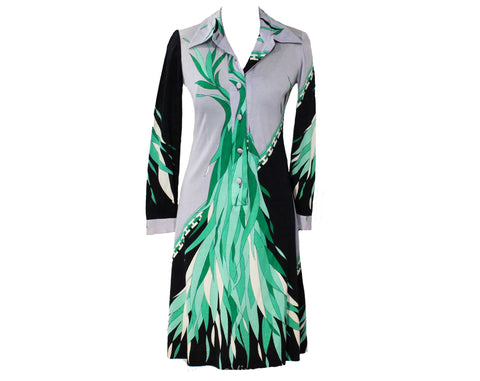 Size 4 Aquatic Print Dress from Italy - 1960s Designer Boutique Label Gianantonio - Emerald Green Black & Gray Cotton Border Print - Bust 33