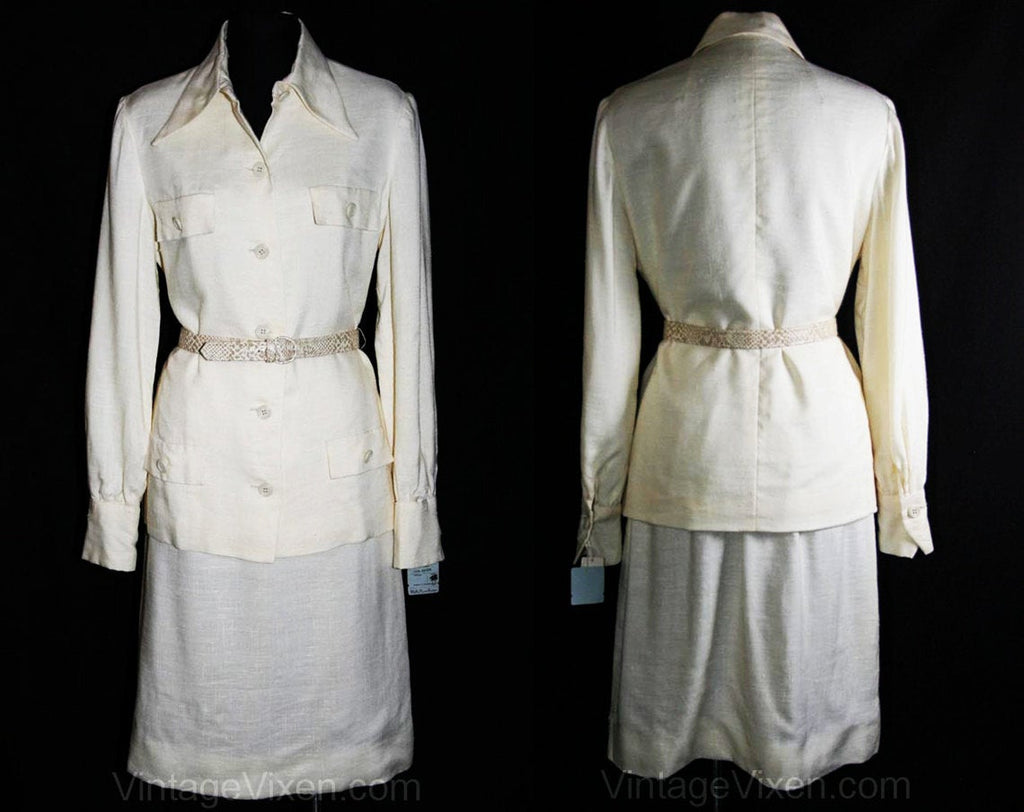 Size 6 White Suit - 1970s Linen Jacket Skirt & Snake Belt - Original Price Tag 215 Dollars - 70s Designer Mollie Parnis Deadstock - 33664