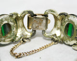 Emerald Green Ovals Bracelet - Subtle Macabre Eyes Eyeball Cabochons - Xs and Os - 1960s Gothic Posh - Silver Metal - Mid Century Jewelry