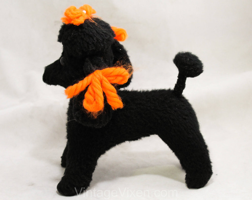 1950s Poodle Stuffed Animal - Black French Poodle Dog Toy - 50s 60s Cute Classic Mid Century Kitsch - Orange Yarn Ribbons - Fifi Stuffie